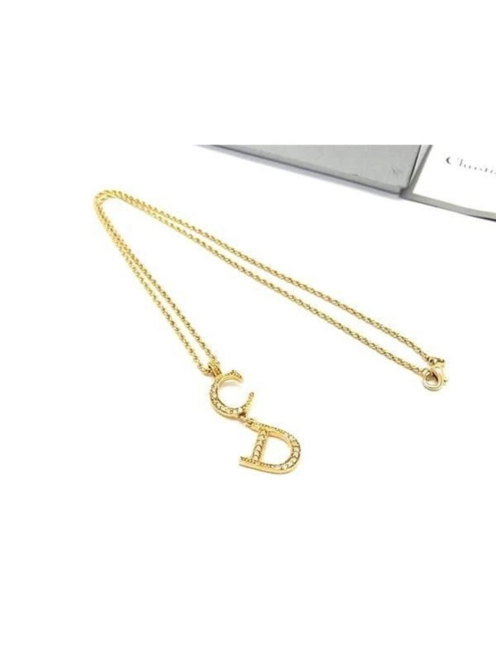 Dior Necklace Swing Pendant Gold Metal Rhinestone CD Logo